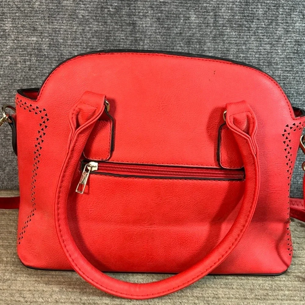 Red Laser Cut Vegan Leather Satchel Crossbody Handbag Gold Hardware